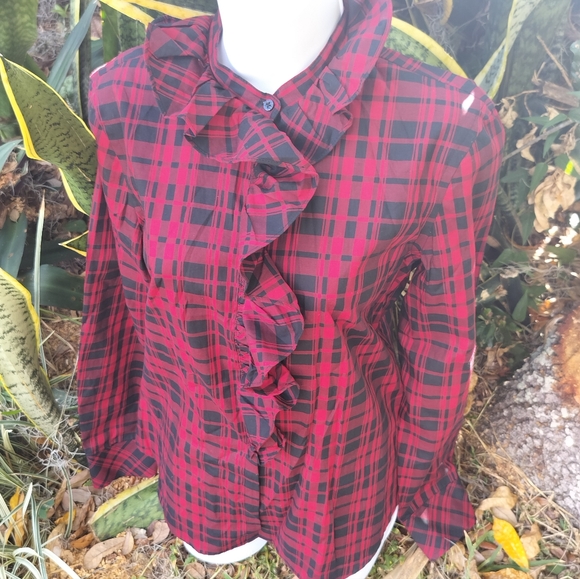 Ralph Lauren 90s vintage plaid ruffled top blouse S/M - Picture 3 of 11